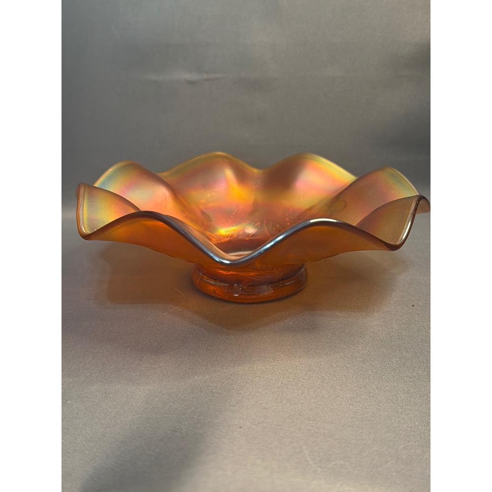 Vintage Marigold Carnival Glass Ruffled Bowl Iridescent Floral Footed Dish